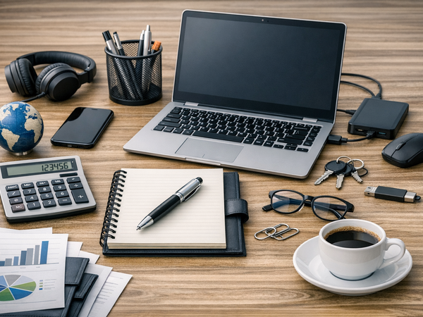 Laptoparbeitsplatz mit Kaffeetasse und weiteren Büroutensilien