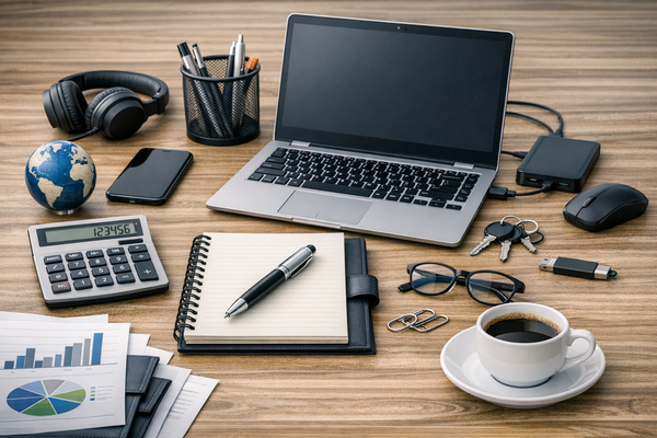 Laptoparbeitsplatz mit Kaffeetasse und weiteren Büroutensilien